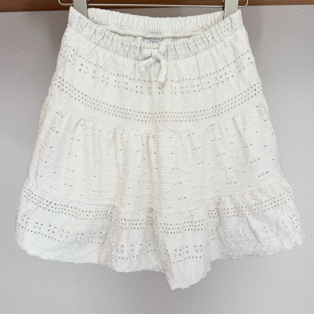 ZARA GIRLS WHITE BOHO EYELET COTTON LINED SKIRT DRAWSTRING 11-12 CLASSIC